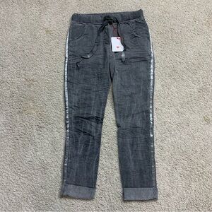 NWT! Women's KNUTH Dark Grey RIBBON SIDE JOGGER Stretch CASUAL Beach PANTS  1